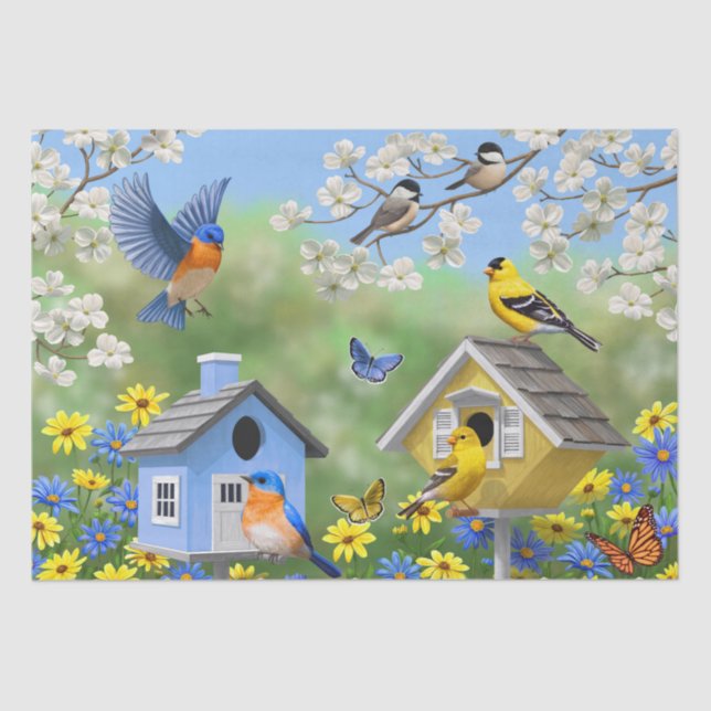 Bluebirds Goldfinches Birdhouses Blumengarten Seidenpapier (Vorderseite)