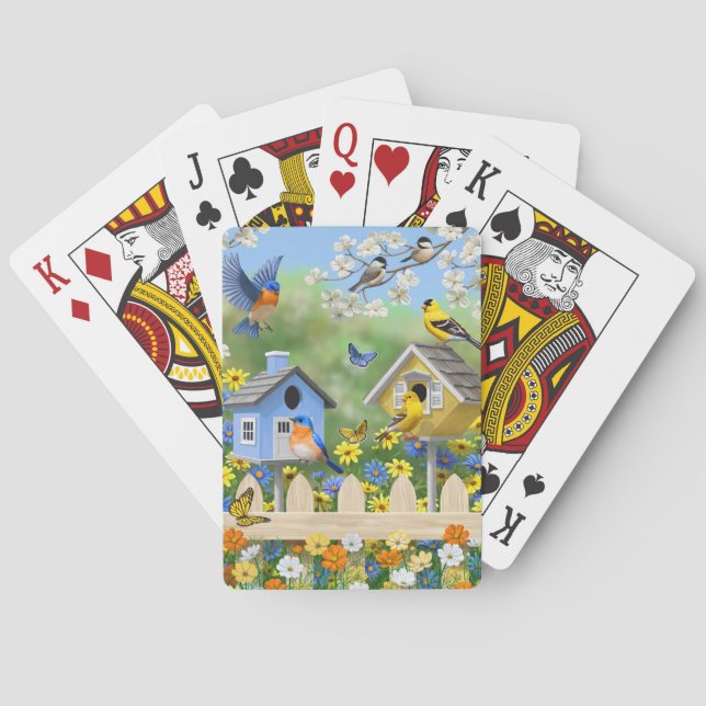 Bluebirds Goldfinches Birdhouses Blumengarten Spielkarten (Rückseite)