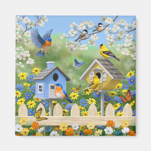 Bluebirds Goldfinches Blumengarten Magnet