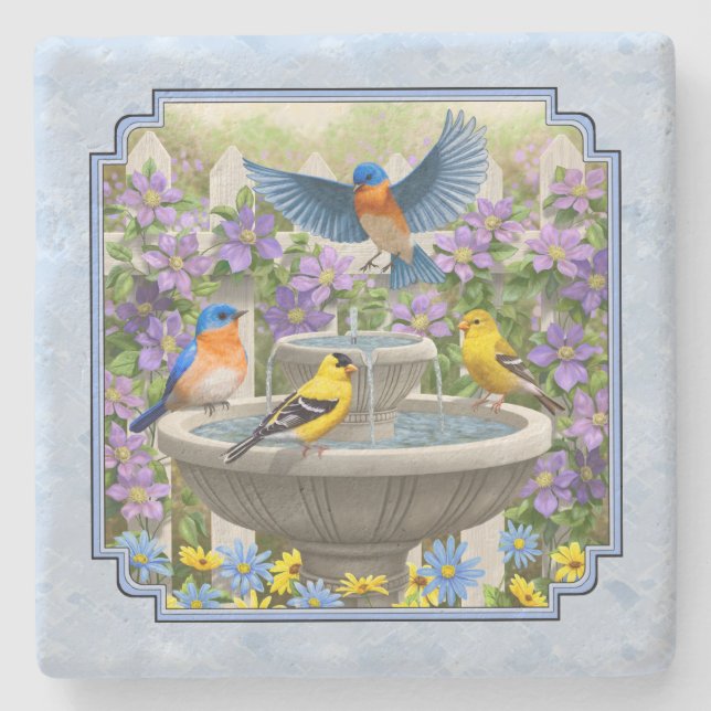 Bluebirds Goldfingen Blumengarten Blauer Brunnen Steinuntersetzer (Vorderseite)