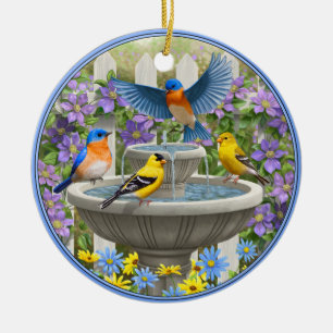 Bluebirds Goldfink und Fontane Birdbath Keramikornament