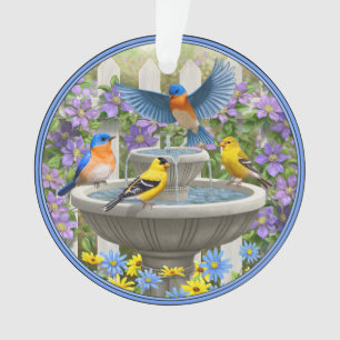 Bluebirds Goldfink und Fontane Birdbath Ornament