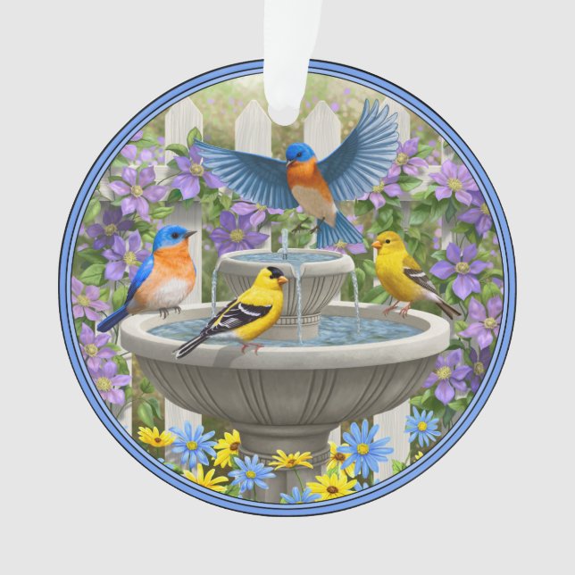 Bluebirds Goldfink und Fontane Birdbath Ornament (Vorderseite)