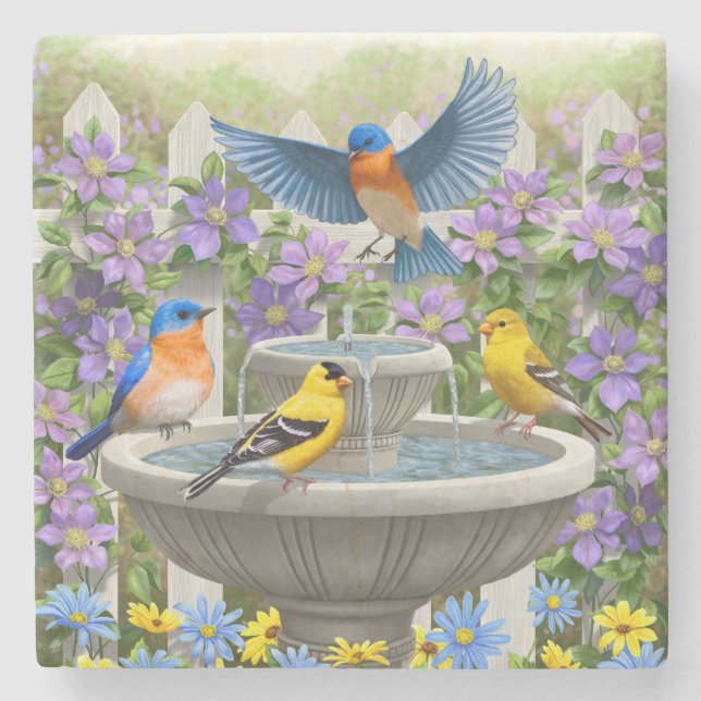 Bluebirds Goldfink und Fontane Birdbath Steinuntersetzer (Vorderseite)