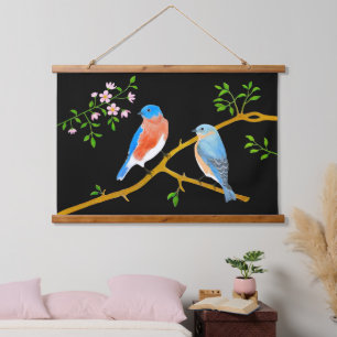 Bluebirds Schwarz-Holz Topped Wall Tapestes Wandteppich Mit Holzrahmen
