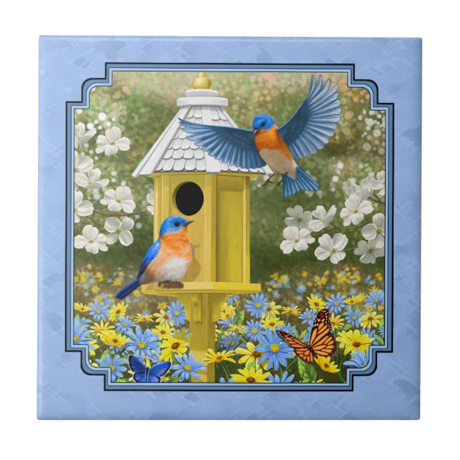 Bluebirds und Hexagon Birdhouse Blue Fliese (Vorderseite)