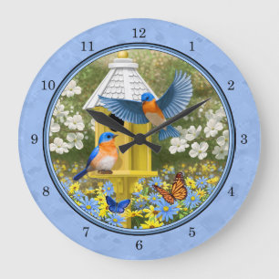 Bluebirds und Hexagon Birdhouse Blue Große Wanduhr