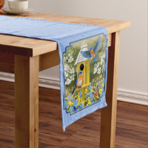 Bluebirds und Hexagon Birdhouse Blue Mittelgroßer Tischläufer