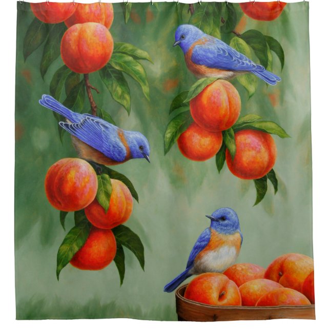 Bluebirds und Pfirsiche Blue Duschvorhang (Vorderseite)