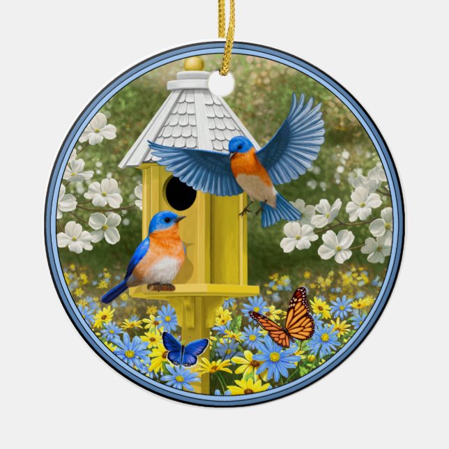 Bluebirds und Tallgelbe Birnenblume Keramik Ornament (Vorne)