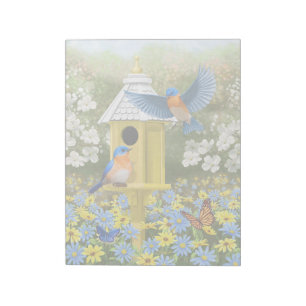 Bluebirds und Tallgelbe Birnenblume Notizblock