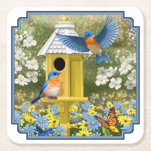 Bluebirds und Tallgelbe Birnenblume Rechteckiger Pappuntersetzer