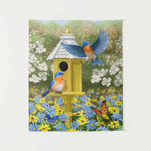 Bluebirds und Tallgelbe Birnenblume Wandteppich