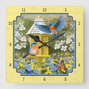 Bluebirts und Rund-Birnengelb Quadratische Wanduhr