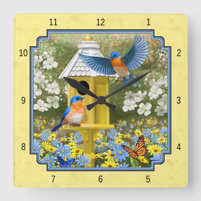 Bluebirts und Rund-Birnengelb Quadratische Wanduhr (Vorderseite)