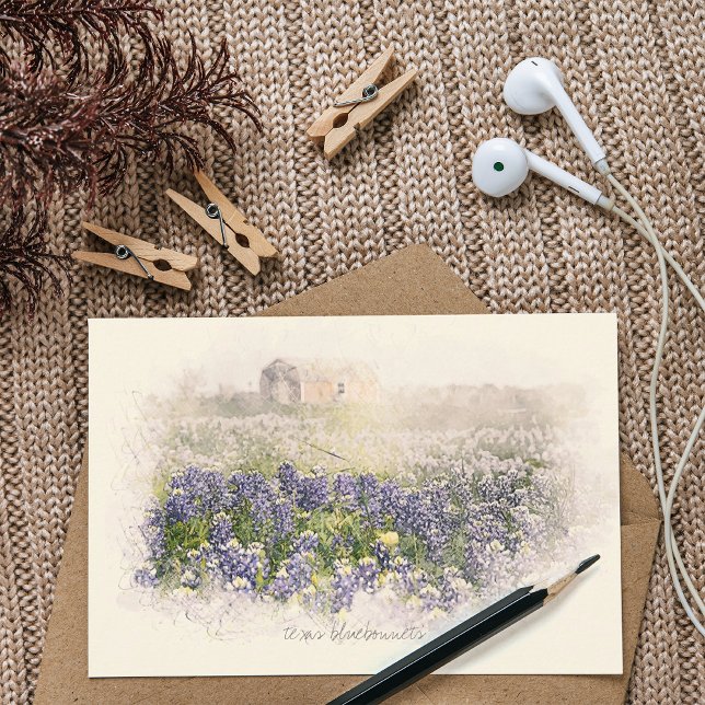 Bluebonnet Field Sketch Wasserfarbe Mitteilungskarte (Von Creator hochgeladen)