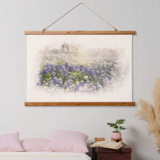 Bluebonnet Field Sketch Wasserfarbe Wandteppich Mit Holzrahmen (Schlafzimmer)