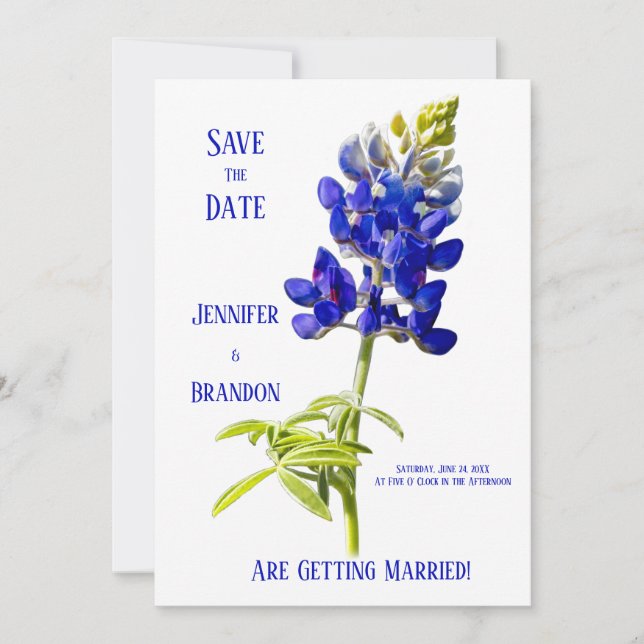 Bluebonnet Floral on White, Wedding Save the Date, Einladung (Vorderseite)