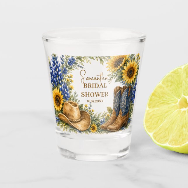 Bluebonnet Texas Sonnenblume Boho Brautparty Schnapsglas (Vorderseite)