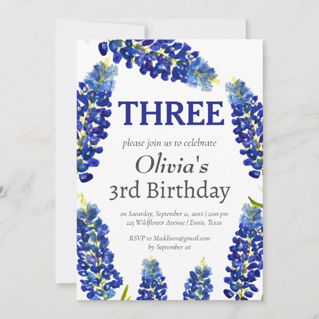 Bluebonnets 3. Geburtstag Blaue Flora Einladung (Vorderseite)