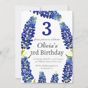 Bluebonnets 3. Geburtstag Blaue Flora Einladung