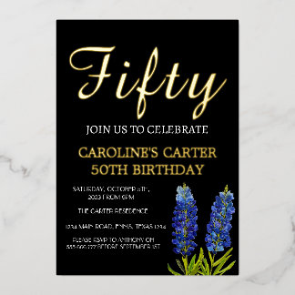 Bluebonnets 50. Geburtstag Blue Gold Chic Glam Folieneinladung