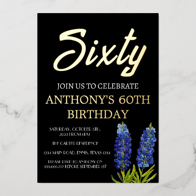 Bluebonnets 60. Geburtstag Black Gold Foil Texas Folieneinladung (Vorderseite)