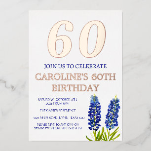 Bluebonnets 60. Geburtstag Blaue Blumen Texas Gold Folieneinladung