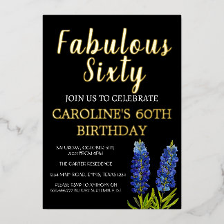 Bluebonnets 60. Geburtstag Blue Gold Chic Glam Folieneinladung