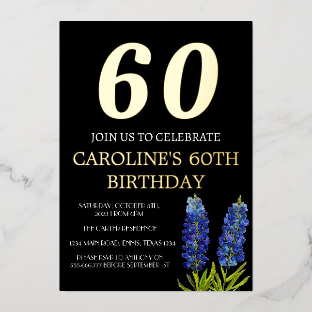 Bluebonnets 60. Geburtstag Blue Gold Chic Glam Folieneinladung (Vorderseite)