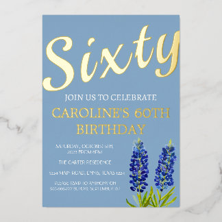 Bluebonnets 60. Geburtstag Blue Gold Chic Glam Folieneinladung