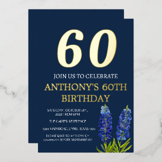Bluebonnets 60. Geburtstag Navy Blue Gold Floral Folieneinladung