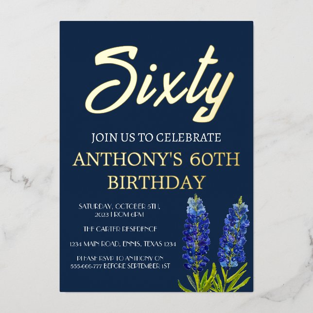Bluebonnets 60. Geburtstag Navy Blue Gold Texas Folieneinladung (Vorderseite)