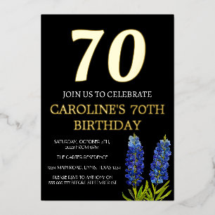 Bluebonnets 70. Geburtstag Blau Gold Chic Glamour Folieneinladung