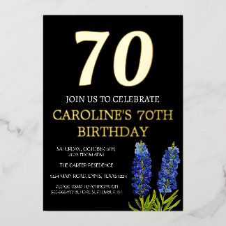 Bluebonnets 70. Geburtstag Blue Gold Chic Glam Folieneinladung