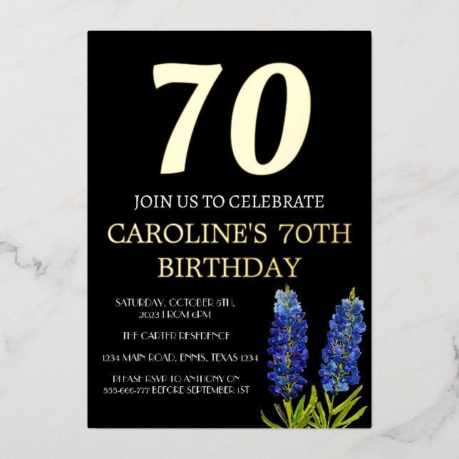Bluebonnets 70. Geburtstag Blue Gold Chic Glam Folieneinladung (Vorderseite)