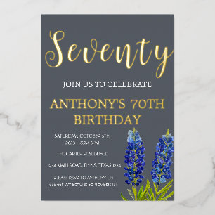 Bluebonnets 70. Geburtstag Navy Blue Gold Texas Folieneinladung