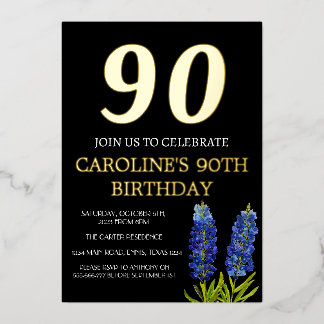 Bluebonnets 90. Geburtstag Blue Gold Chic Glam Folieneinladung