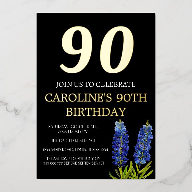 Bluebonnets 90. Geburtstag Blue Gold Chic Glam Folieneinladung (Vorderseite)