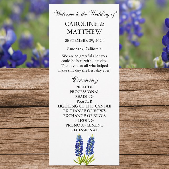 Bluebonnets Blue Floral Elegante Moderne Hochzeit Programm (Von Creator hochgeladen)