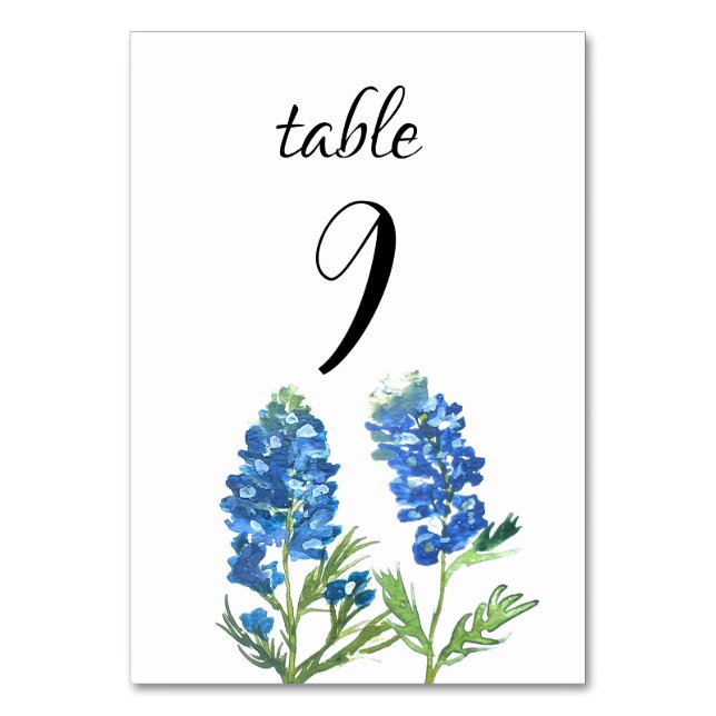 Bluebonnets Blue Floral Texas Blume Hochzeit Tischnummer (Vorderseite)