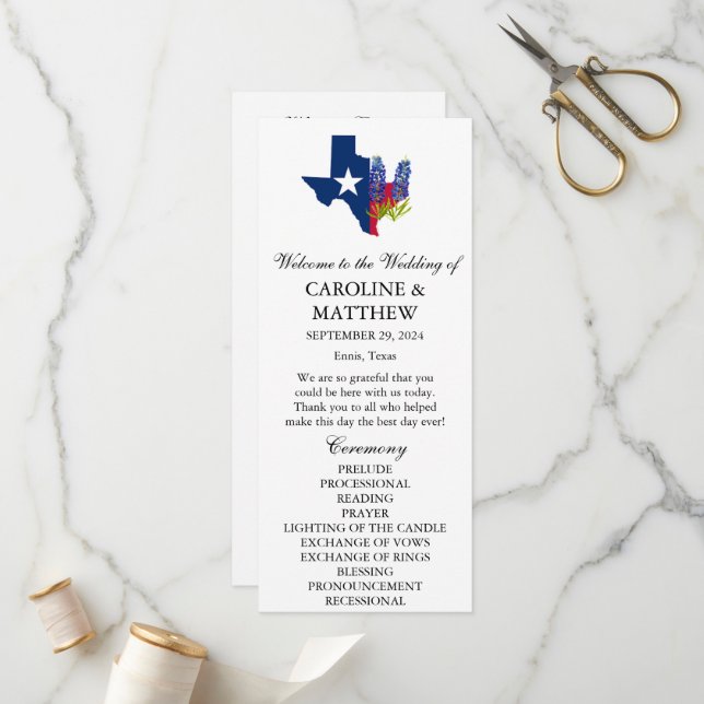 Bluebonnets Blue Floral Texas Moderne Hochzeit Programm (Vorderseite/Rückseite Beispiel)