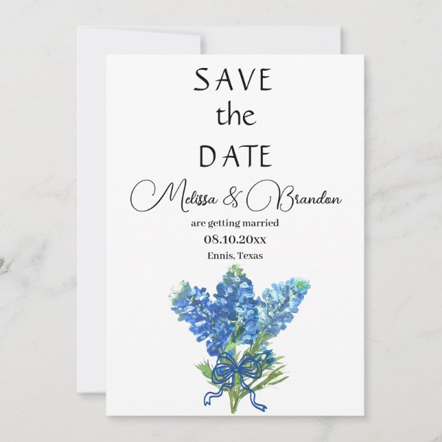 Bluebonnets Blue Floral Texas Rustikale Hochzeit Einladung (Vorderseite)