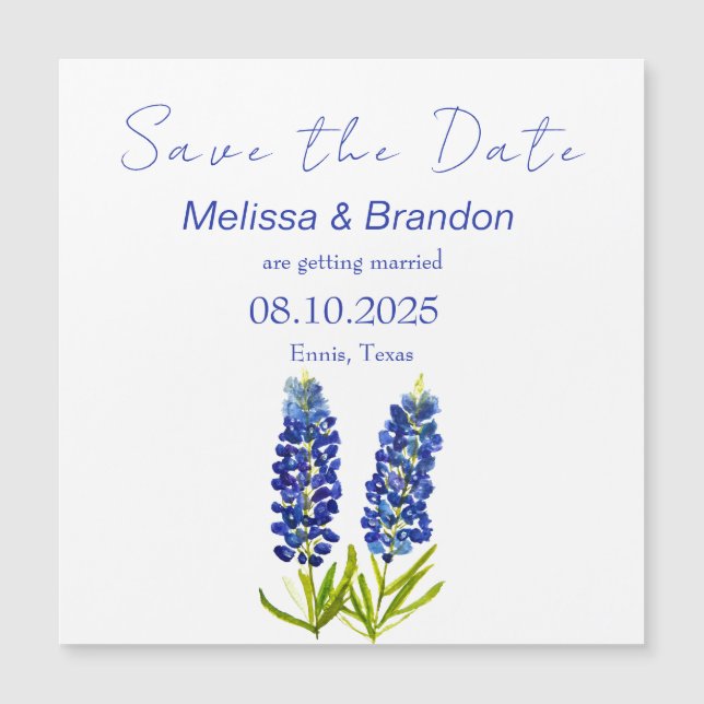 Bluebonnets Blue Floral Texas Rustikale Hochzeit Magnetkarte (Vorderseite)