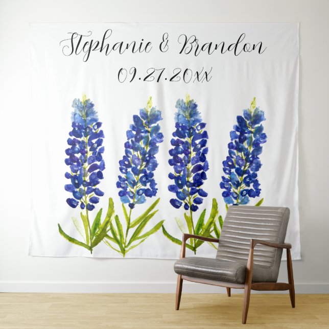 Bluebonnets Blue Floral Texas Wedding Foto Booth Wandteppich (Beispiel (Horizontal))