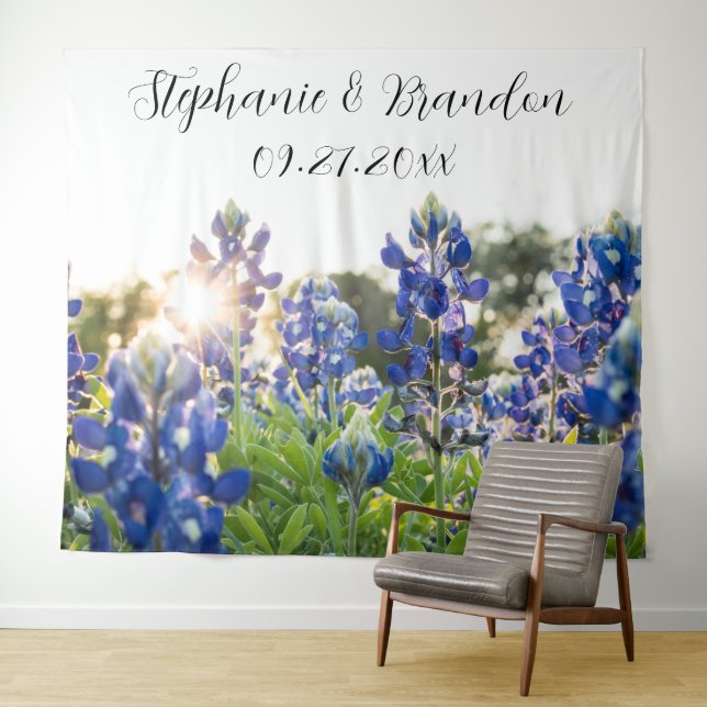 Bluebonnets Blue Floral Texas Wedding Foto Booth Wandteppich (Beispiel (Horizontal))
