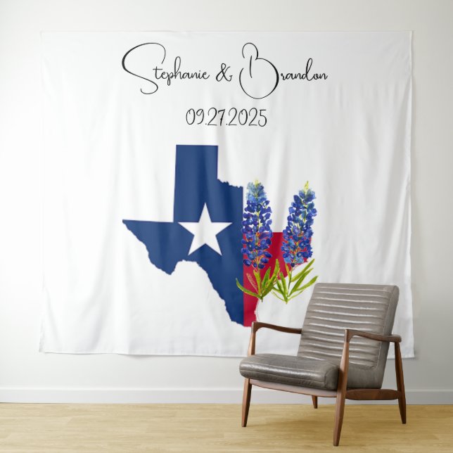 Bluebonnets Blue Floral Texas Wedding Foto Booth Wandteppich (Beispiel (Horizontal))