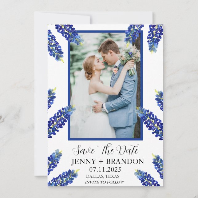 Bluebonnets Elegantes Foto Save The Date (Vorderseite)