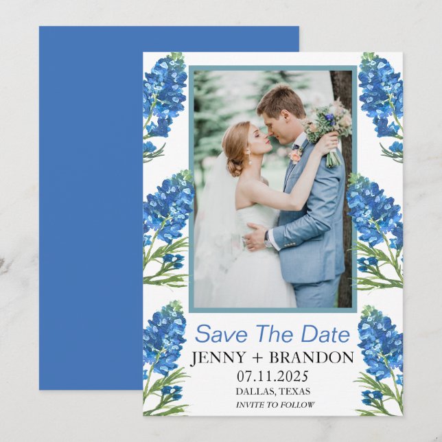 Bluebonnets Elegantes Foto Save The Date (Vorne/Hinten)