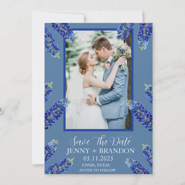 Bluebonnets Elegantes Foto Save The Date (Vorderseite)